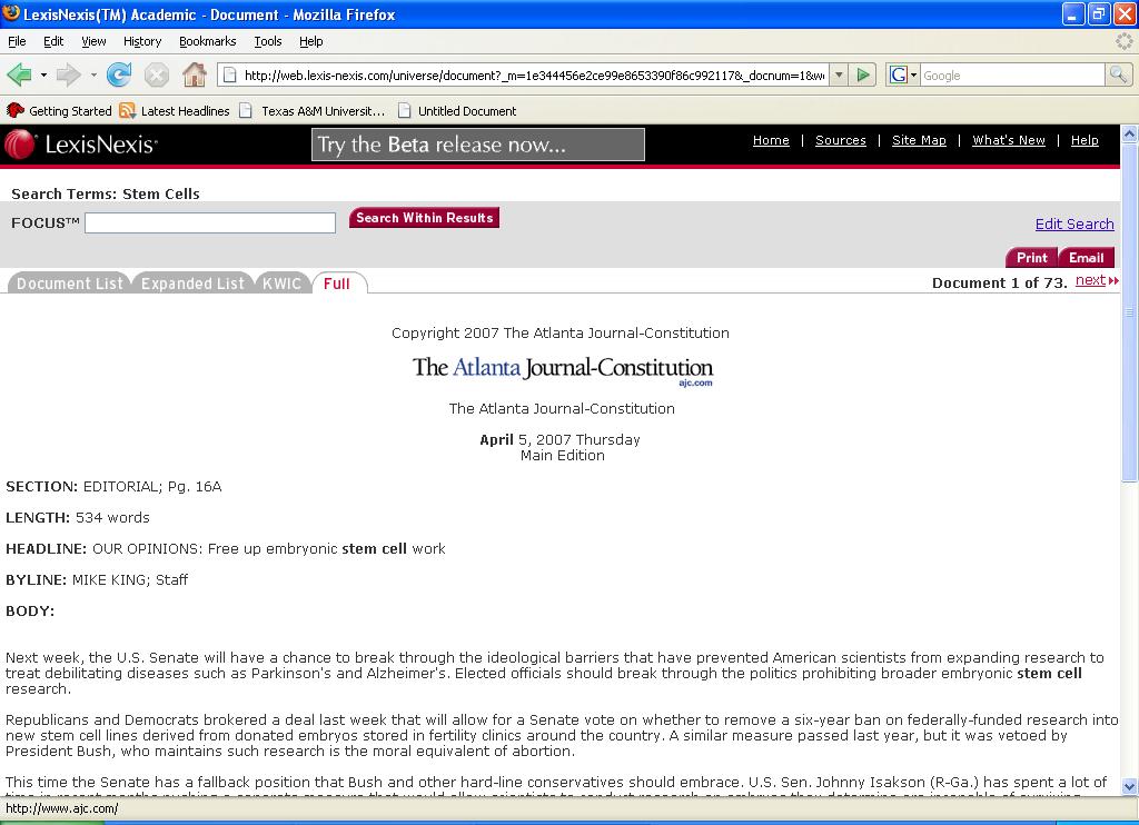 Lexis-Nexis (newspaper articles) This screen shows the full-text of one article in Lexis-Nexis, with article