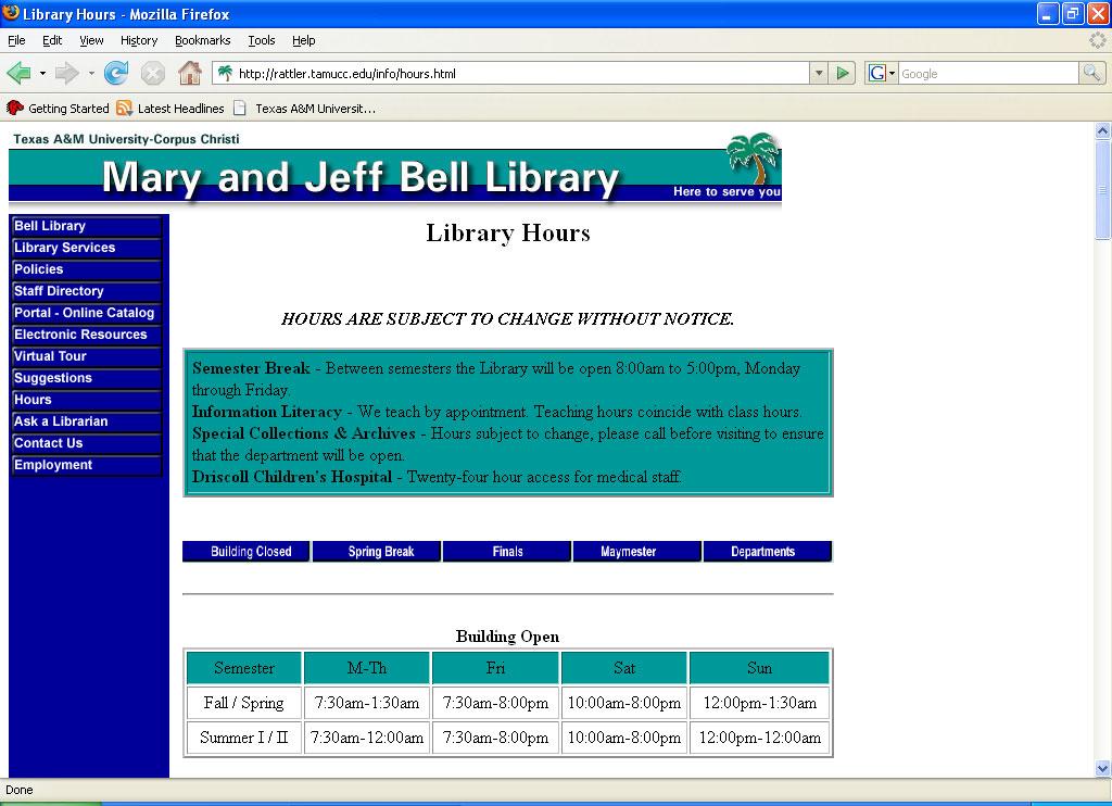 Library Hours Click at top left on