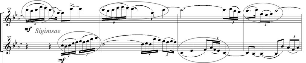 Example 5.3. The Main Motive of the Flute Solo ii. B Section (measure 44-91) The second motive consists of a communication between the flute and the Taekeum.