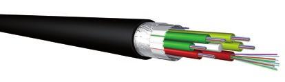 3,5 mm with up to 24 fibres. Coated glass yarns ensure a sufficient tensile strength and a nominal rodent resistance. A black PE sheath completes the cable.