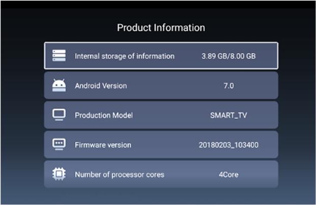 Product Informations (Informacije o uređaju): Prikaz sistemskih Android TV informacija.