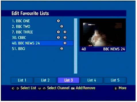 Favourites The favourites function allows the channels to be organised in up to 5 different lists which can then be accessed whenever you switch a channel.