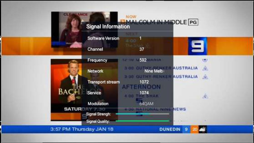 Signal Information (DTV only) 1. Press / key to select Signal Information" option. 2. Press Ok or key so you can see the signal information of the DTV channel.