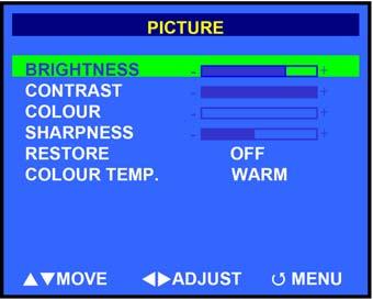 Picture Menu English Brightness - Adjusts the luminance of the image. Contrast - Adjusts the contrast ratio.