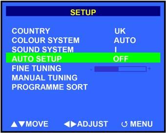 Setup Menu English Country - Select the appropriate country signal. If your country is not listed, choose one that uses the same TV system. Color System - Select a color system.