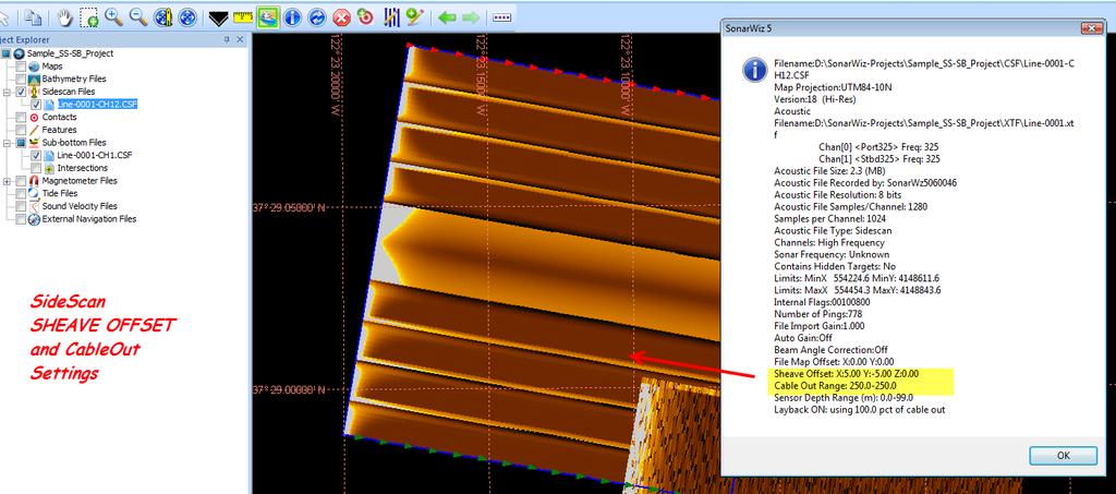(1) Sidescan CSF file properties: (2) and for the sub-bottom CSF file properties: So this example shows how to apply different CableOut and Sheave