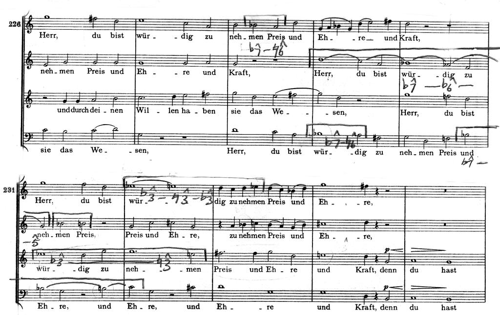 Example 7.9. Brahms, Ein deutsches Requiem, VI, mm. 226-235, mixture. Following the double fugal exposition and cadence of mm. 208-234, the episode that begins in m.