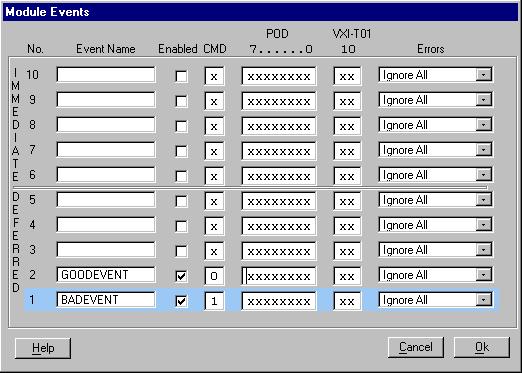 Test Setup Using Events on a Single ParBERT System CMD POD VXI-T01 Errors The CMD column refers to a manual or programmed command that causes an interrupt.