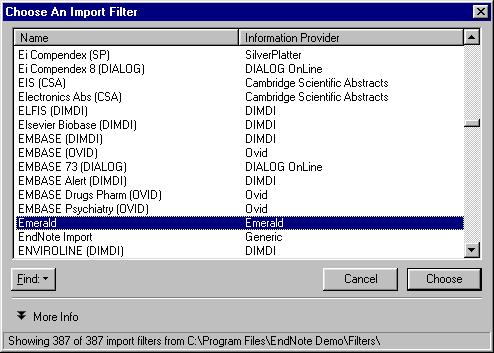 Choosing an Import Filter You will then be presented with a list of Import Filters (see