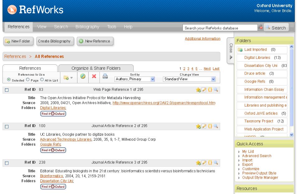 RefWorks Overview Dropdown menus Search your references Quick