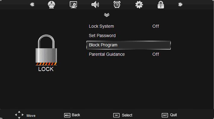 OSD Menu OSD Menu 6. LOCK menu Description Lock System: Turn on/off the Lock System function. Note: You should enter the code to operate the menu.(original code is 0000) Set Password: Set pin code.