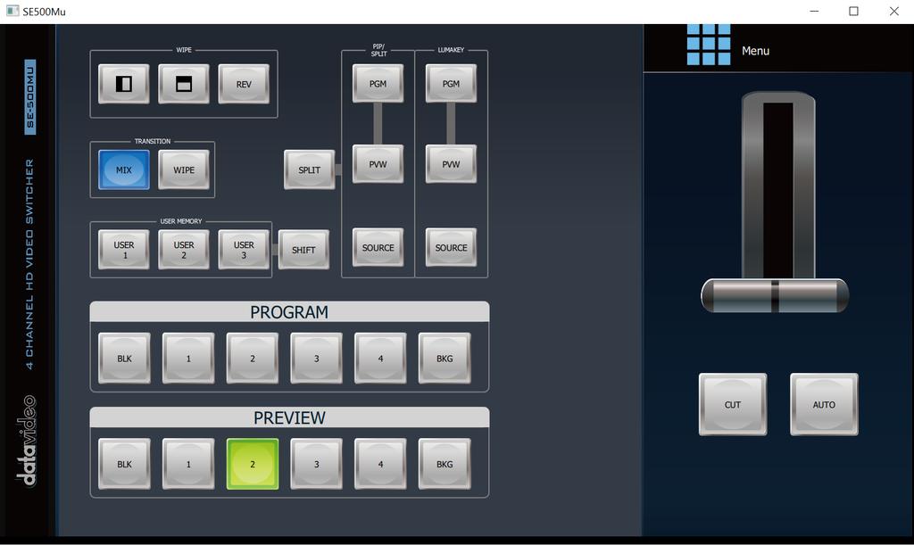 Transition Effects PIP/Keyer Switcher Settings Menu Program/Preview Transition Switcher Settings 9 Luma Keyer Enable/Disable buttons 1 Lumakey Source button 10 Split selection button 2 PIP Source