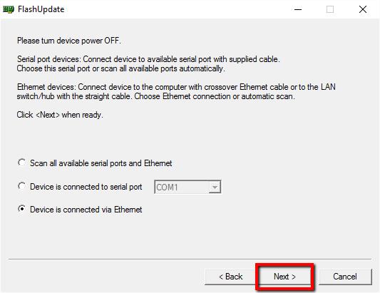 Updating the SE-2850 firmware: 7. The following window will be displayed. Select Device is connected via Ethernet then click NEXT. 8.
