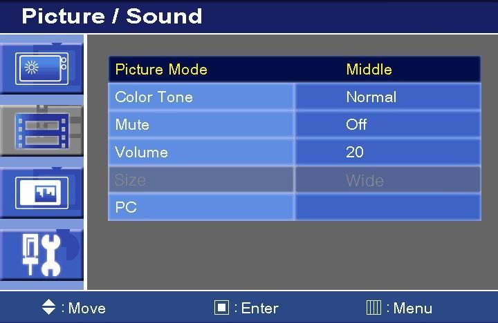B. Picture/Sound < AV1, AV2 & S-Video > < PC > Option Function Value Picture Mode Sets picture mode. See table below. Color Tone Sets color tone. See table below. Mute Mutes speaker sound. Off or On.