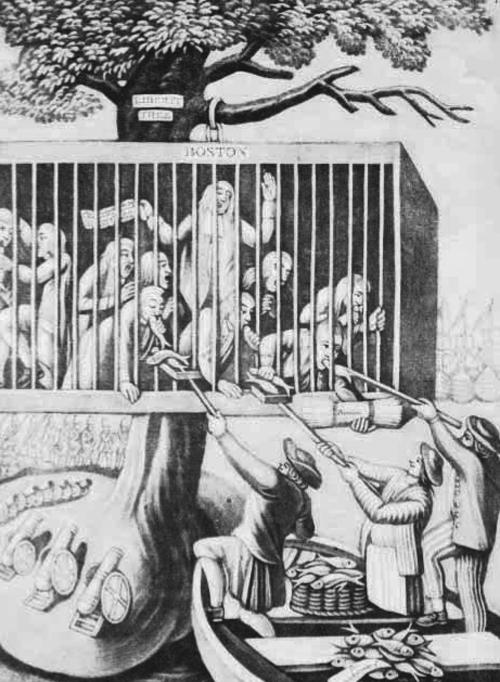 Name Date Period Political Cartoons of the Revolutionary War This cartoon is entitled "Bostonians in Trouble". It shows people in a cage that is suspended from a tree labeled "Liberty Tree".