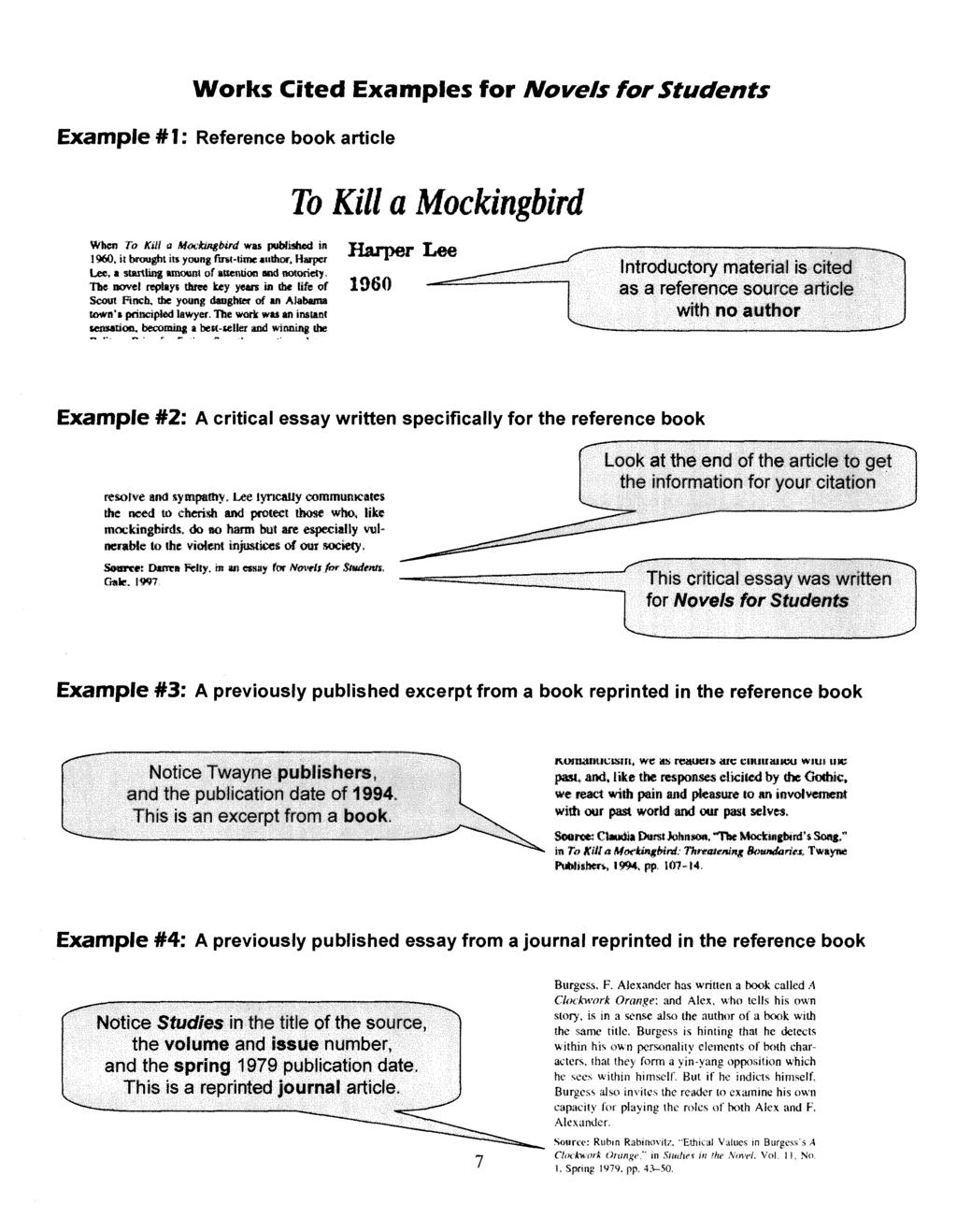 Works Cited Examples for Novels for Students Example #1: Reference book article To Kill a Mockingbird When To Kill a Mockingbird was published in 1960, it brought its young first-time author, Harper