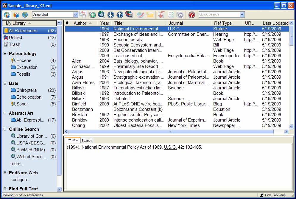 The Library Window When you open the sample library you see the Library window listing all of the references that the library contains: Move column dividers to adjust column widths The Library window
