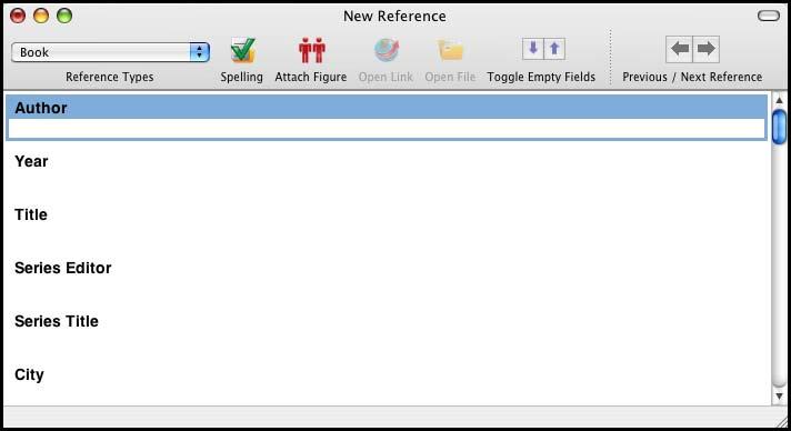Once a library is open, you can add a new reference to it: 1. Click in the reference list and then, from the References menu, choose New Reference.