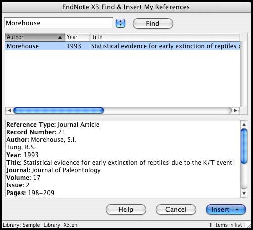 3. The EndNote Find Citations dialog appears. Type the author name Morehouse in the text box and click Find. EndNote lists the matching references. In this case, a single reference matches the search.