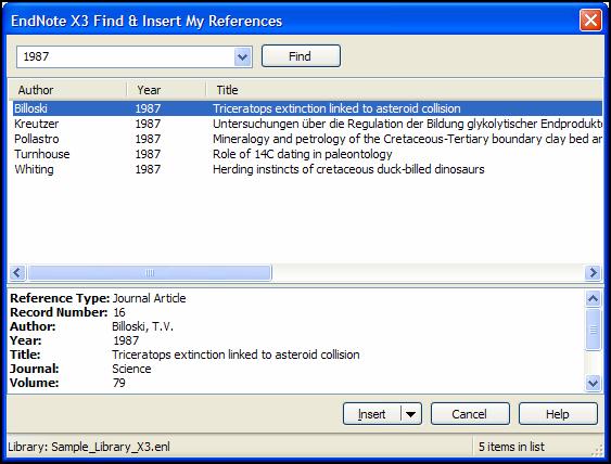 7. Type the date 1987 into the text box and click Find. EndNote searches all fields and lists the matching references. 8.