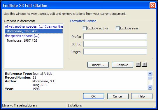 To edit an individual citation: 1. Click anywhere on the Morehouse citation. 2. From the Tools menu, go to the EndNote X3 submenu and then Edit Citations.