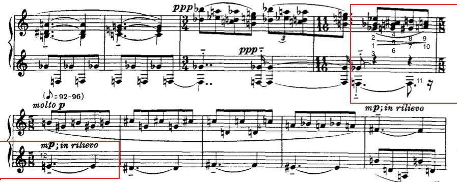 Davis 10 Measure 15 is P5 <56T1390274E> again (shown in example 10), which then repeats on beat three of the measure. The tonal references in this row form are interesting.
