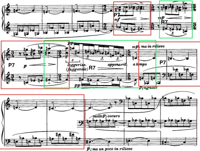 Davis 16 Example 16: mm. 22-35, P7 (red) and R7 (green) alternations from mm. 25-32. Measure 25-28 is what I hear as the climax of the movement.