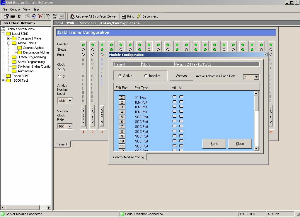 SAS Control PanelConfiguration/Assignment The RCS (Router Control Software) is used to assign the Actual Switcher Output channel that each installed Alpha Numeric controller is to direct.