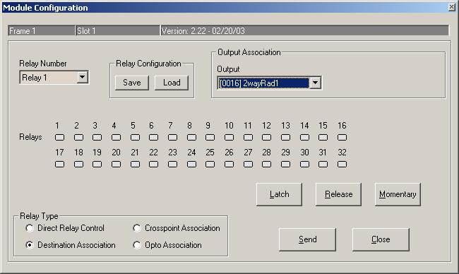 Once opto and relay numbers are assigned clicking the Configure Relays button (upper right corner) will open the following window. Relay Number to Configure.