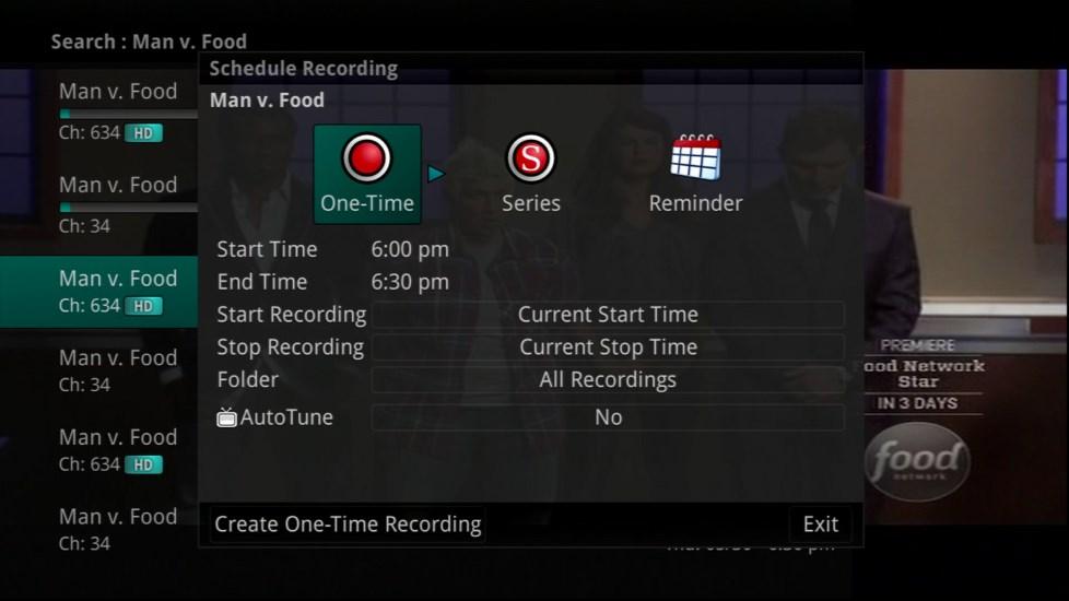 While watching a program, press the Record button on the remote control. 2. Choose whether this is a One-Time recording, a Series Recording, or select Exit to skip recording.
