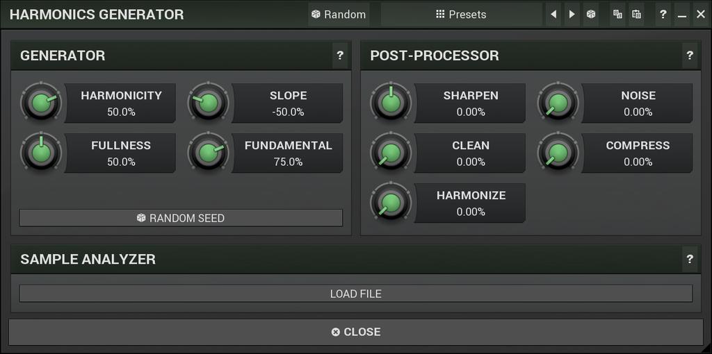 Harmonics generator is a powerful tool, that can generate various harmonics-based timbres and even analyze a sample file and extract harmonics from it.