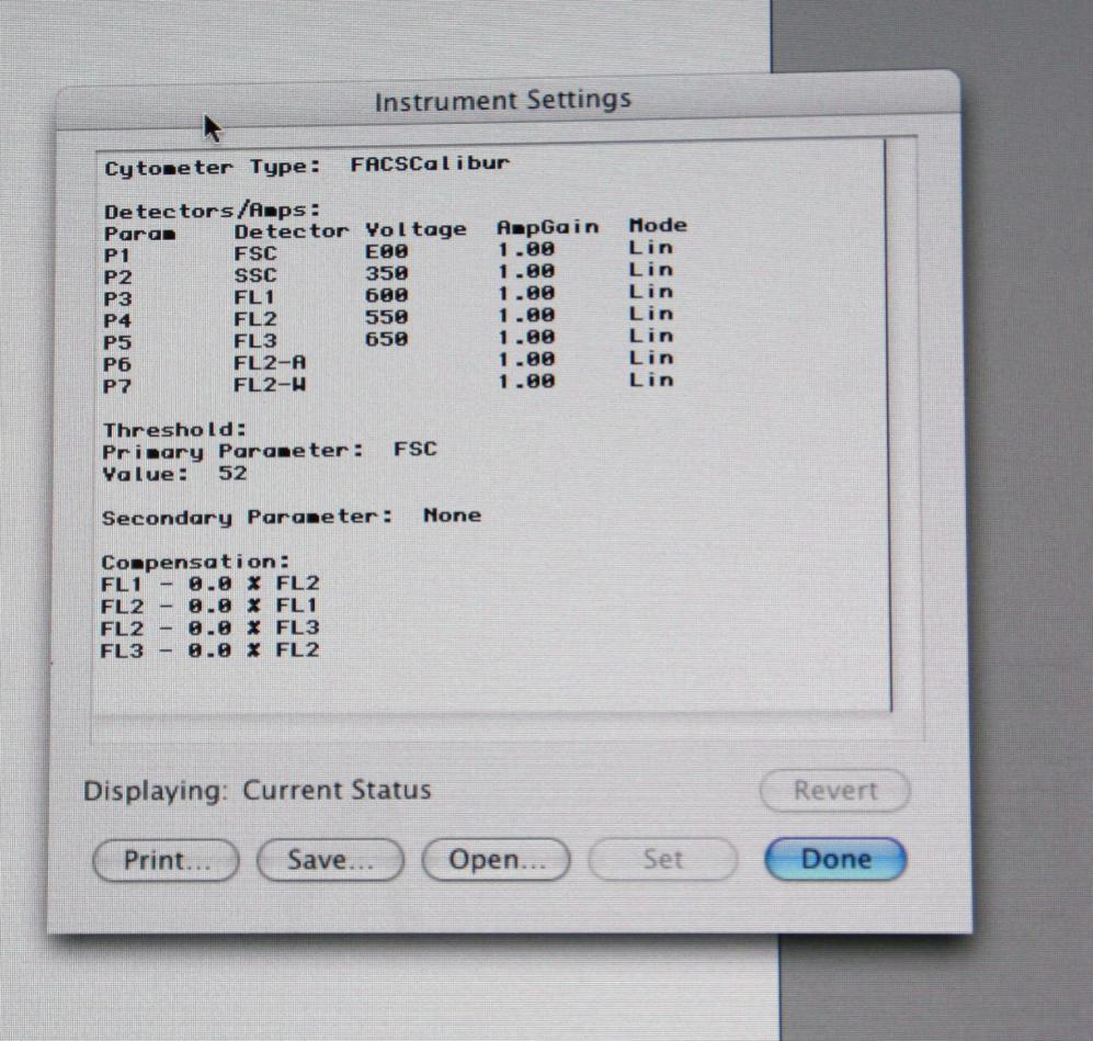 Instrument settings can be saved by opening Instrument settings in the cytometry menu and saving them to your folder there.