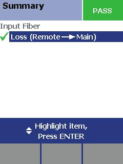 DTX Fiber Test Kit Users Manual Viewing AutoTest Results When the autotest is completed, the Summary results screen, shown in Figure 9, is displayed: A Overall result for the fiber (either PASS or