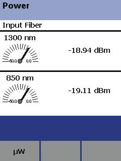 DTX Fiber Test Kit Users Manual Optical Power Measurements If you monitored power in SINGLE TEST mode, optical power measurements like those shown in Figure 11 are displayed: 1 2 A B C Meter shows