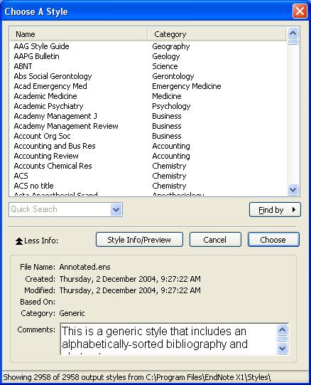 Figure 24: Output Styles List Find a style that would be useful in your subject area, and then click on it to highlight it. Click on the Choose button to select that style.
