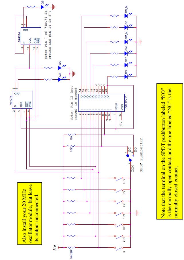 Pre-lab Step (2): Build the following circuit using your DIP switch, SPDT pushbutton, ATF22V10C, 74HC74, and RED (resistor) LEDs, leaving ample room around the PLD to easily remove it from the