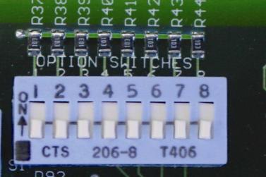 The switches, labeled RED FAIL SWITCHES, are located near the upper right corner of the PC board. The numbers 1 through 18 correspond to the monitor channel that the switch affects.
