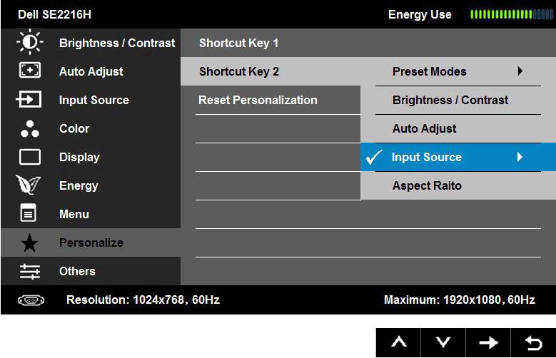 Shortcut Key 2 User can select from "Preset Modes", "Brightness/Contrast", "Auto Adjust", "Input Source (for SE2216H)", "Aspect