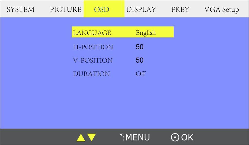 OSD Submenu The OSD Submenu includes: 1. LANGUAGE: Can choose Chinese, English, etc. 2. H-POSITION: Adjust the horizontal position of the menu window, the adjustment range is 0~100. 3.