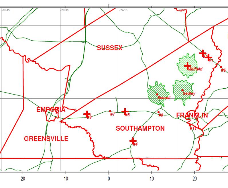 Existing Towers with 3 New Verizon Towers The Applicant submitted a map demonstrating their existing, proposed, and future locations to serve Southampton County.