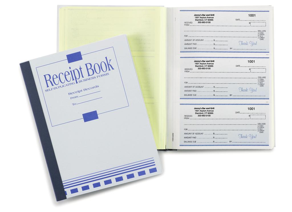 Receipt Books Formats available only as shown Perforated for easy separation Up to 4 lines of text in typestyle as shown Consecutive numbering is available at