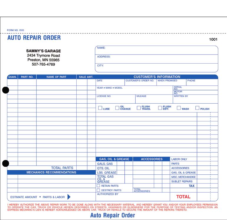 Repair Forms Front Front Back Carbon Formats available only as shown Two-hole punched and perforated for easy