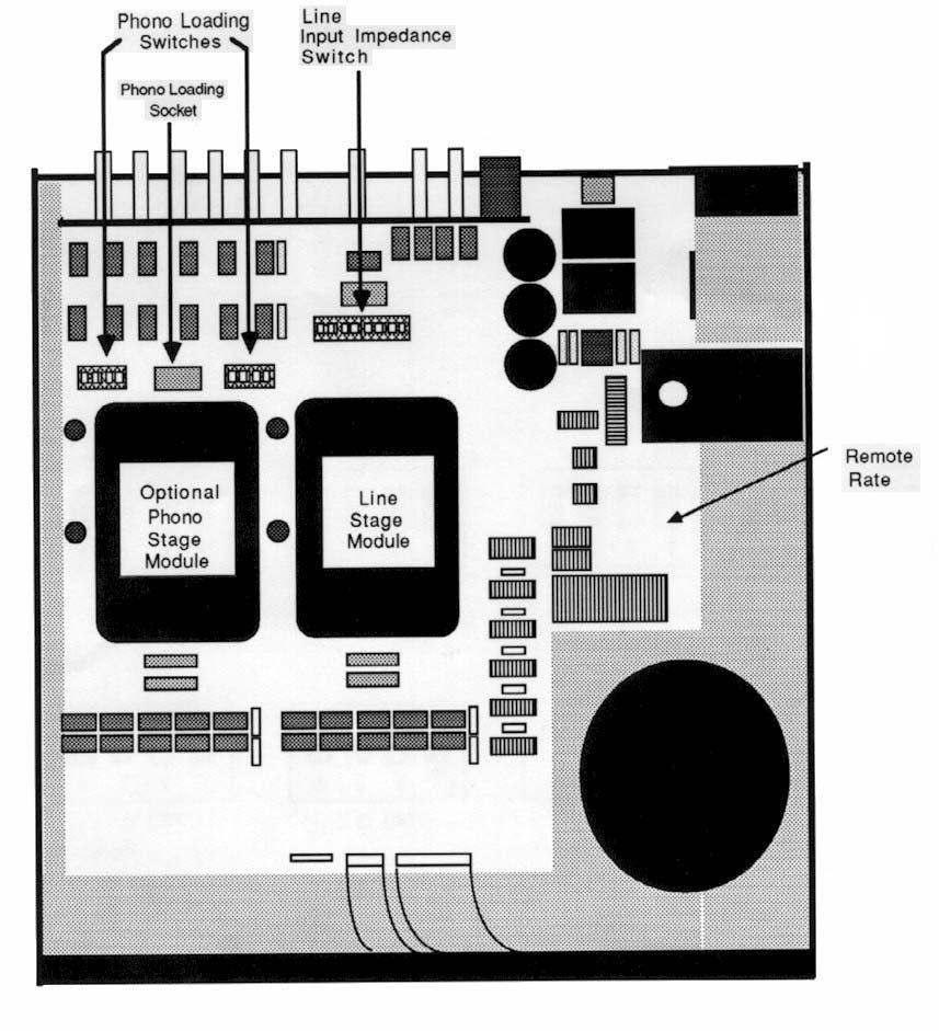 If the preamplifier is not equipped with the phono option and input 1 is configured as a line input, then a jumper should be installed in the 10-pin phono module socket.