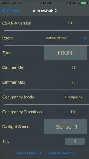 5. DEVICE SETUP Setup: Dimmer Switch After adding the device to a room, continue with device setup Enter parameters in grey boxes all other parameters are edited in Room Set-up Select Zones: 1 to 8