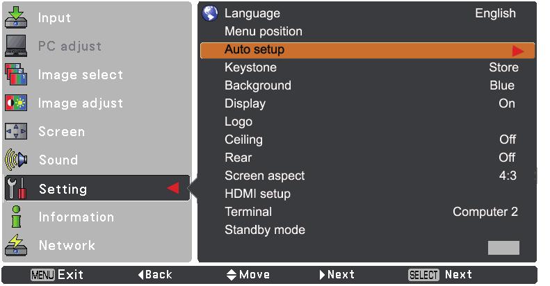 Setting Auto setup This function enables Input search and Auto PC adjustment by pressing the AUTO SET button on the remote control.