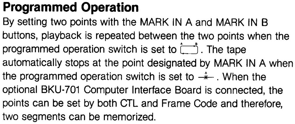 Programmed Operation By setting two points with the MARK IN A and MARK IN B buttons, playback is repeated between the two points when the programmed