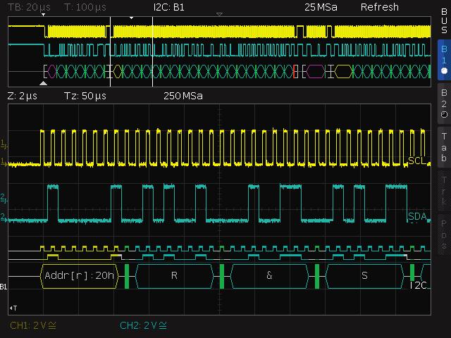 The oscilloscope captures and analyzes signals from analog and digital components in an embedded design synchronously and time-correlated to each other.