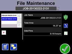File Maintenance Job List Delete Export Edit Job Name Job Type Guidance Mode Coverage Preview Copy The File Maintenance screen displays a list of the job files currently stored on internal memory.