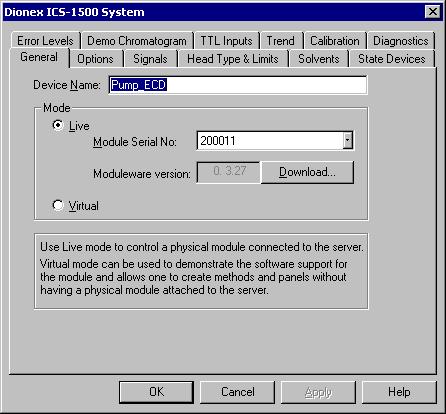 ICS-1500 Ion Chromatography System 12. The ICS-1500 System dialog box opens (see Figure 13). The General page shows the Device Name (Pump_ECD), the Mode (Live), and the Module Serial No. Figure 13. ICS-1500 System Properties 13.
