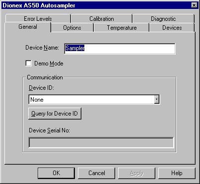 ICS-1500 Ion Chromatography System 4. Click OK. A configuration properties dialog box for the device appears. Figure 16 shows an example of the properties for an AS50 Autosampler. Figure 16. AS50 Configuration Properties 5.